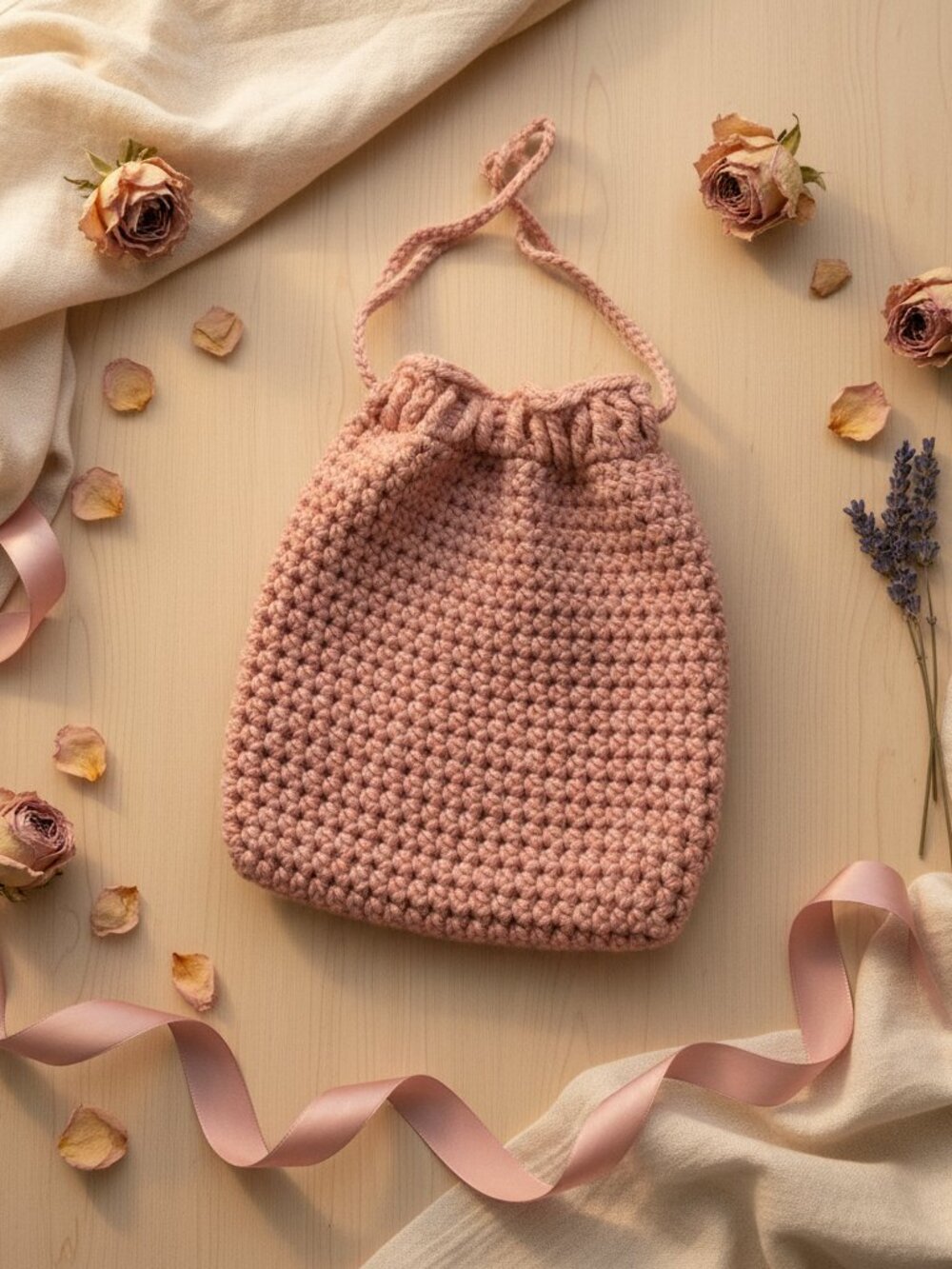 Vintage Blush Pink Drawstring Pouch | Handmade Crochet Gift Bag